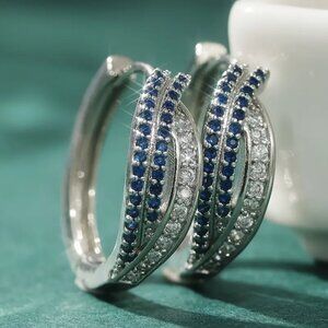925 Silver Womens 1ct Diamond 2ct Blue Sapphire Gemstone Small Hoop Earrings NEW